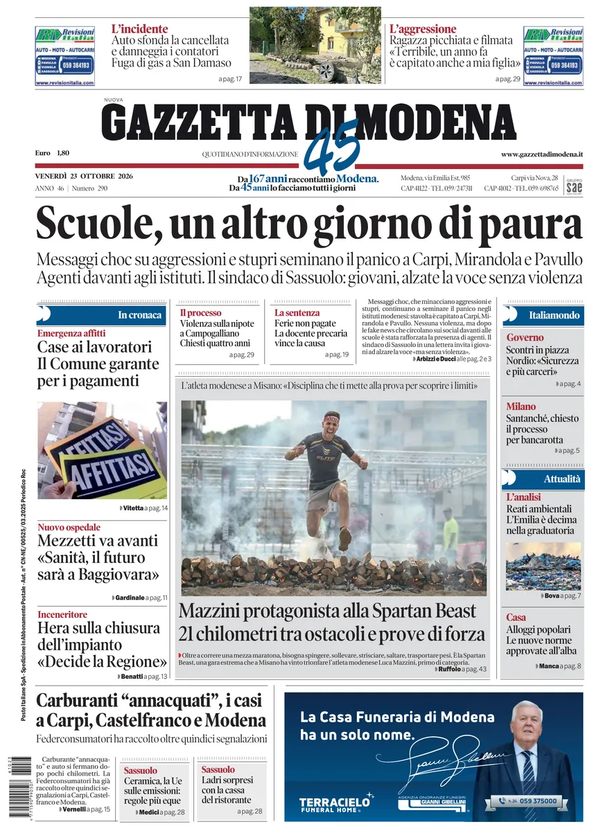 Prima-pagina-gazzetta di modena-oggi-edizione-del-2026-10-23